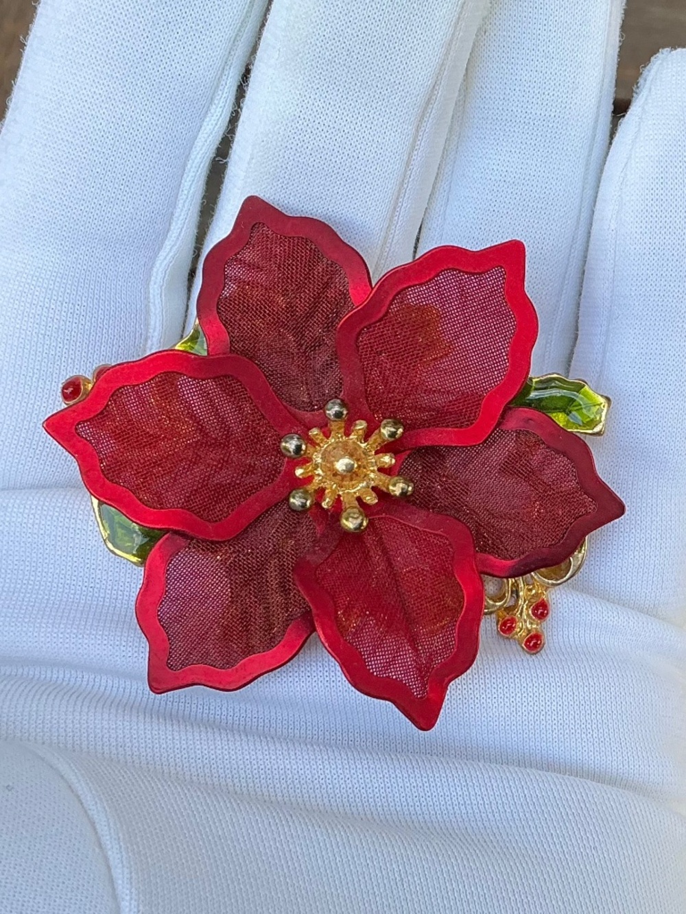 Vintage 1990s Kenneth Cole Signed Red Mesh Poinsettia Brooch Holiday Pin